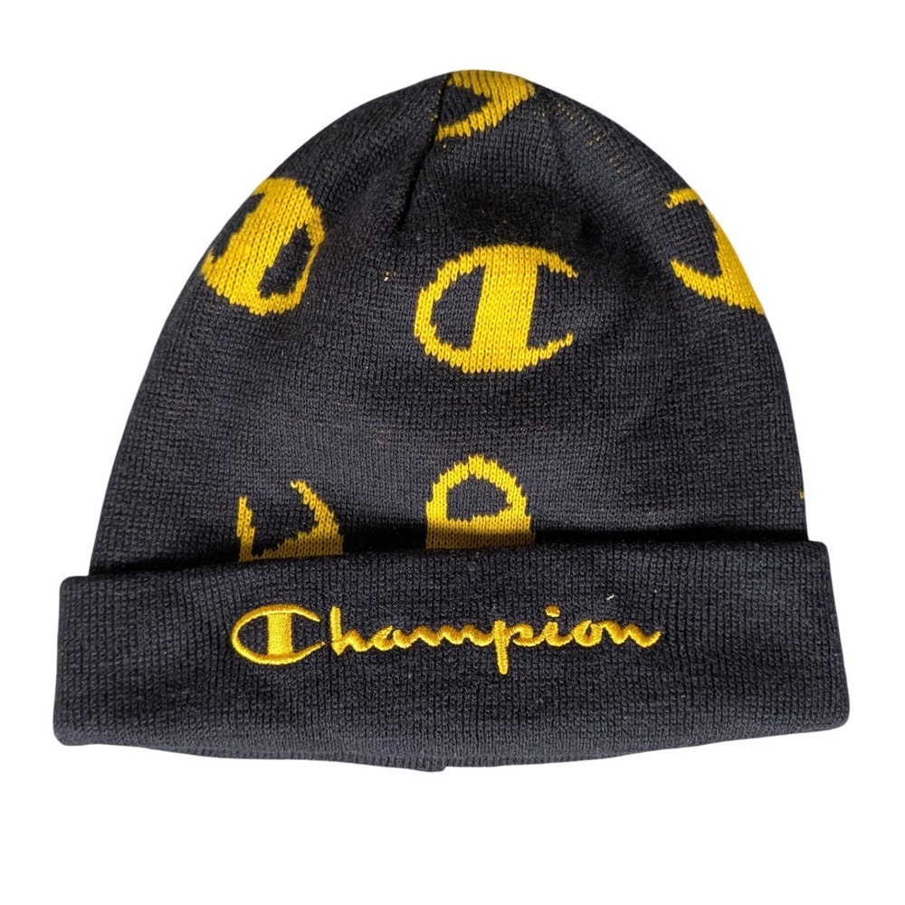 Champion Beanie Hat Navy Blue Gold All Over Logo Print Cuffed Knit Cap 4889